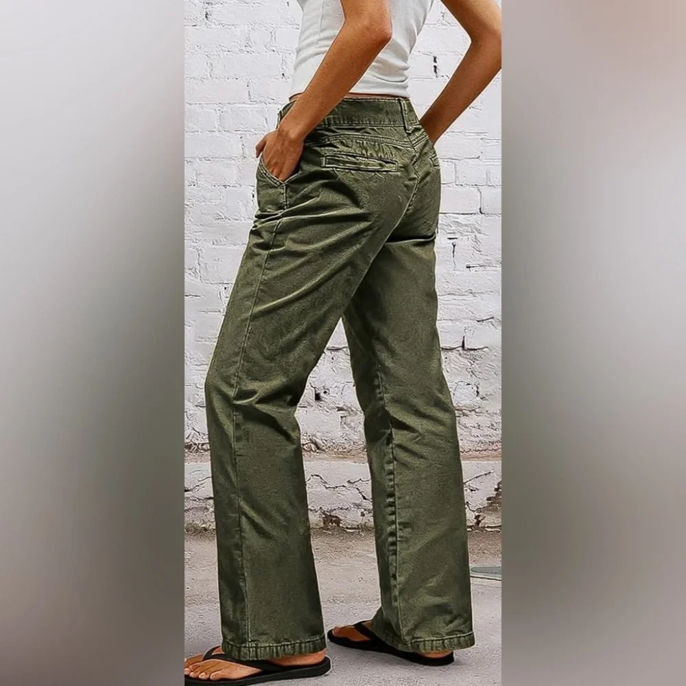 Flamingals Solid Seam Front Mid Rise Straight Leg Jeans Olive Green Small NWT - Picture 5 of 8
